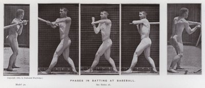 Lidská postava v pohybu: Fáze odpalování v baseballu (černobílá fotografie) od Eadweard Muybridge