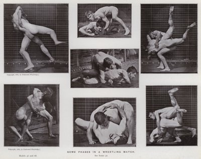 Lidská postava v pohybu: Některé fáze zápasového zápasu (černobílá fotografie) od Eadweard Muybridge