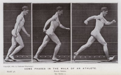 Lidská postava v pohybu: Některé fáze chůze sportovce (černobílá fotografie) od Eadweard Muybridge
