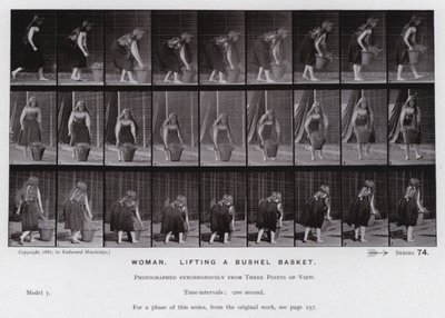 Lidská postava v pohybu: Žena zvedá košíček (černobílá fotografie) od Eadweard Muybridge