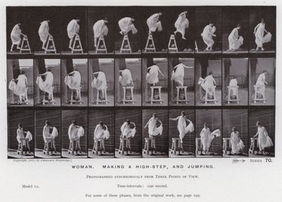 Lidská postava v pohybu: Žena dělá vysoký krok a skáče (č/b foto) od Eadweard Muybridge