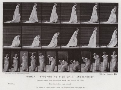 Lidská postava v pohybu: Žena se sklání, aby zvedla kapesník (černobílá fotografie) od Eadweard Muybridge