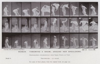 Lidská postava v pohybu: Žena, házející šátek kolem ramen (černobílá fotografie) od Eadweard Muybridge
