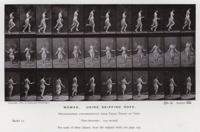 Lidská postava v pohybu: Žena pomocí švihadla (černobílá fotografie) od Eadweard Muybridge