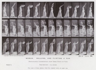 Lidská postava v pohybu: Žena chodí a flirtuje s fanouškem (černobílá fotografie) od Eadweard Muybridge