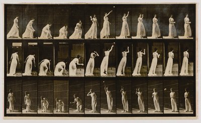 Žena zvedá míč a hází ho, z knihy Pohyb zvířat od Eadweard Muybridge