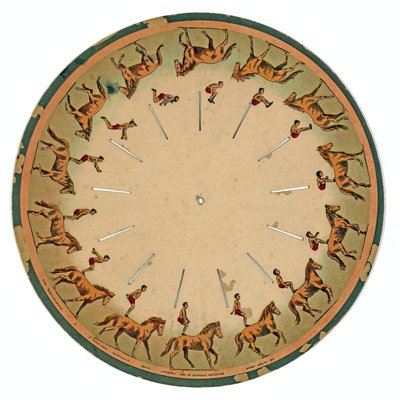 zoopraxoskopický disk zobrazující akrobata předvádějícího salto vzad na koni, 1893 od Eadweard Muybridge