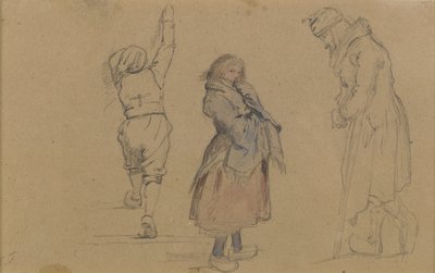 Tři holandské figury, cca 1852 (grafit, wc a bílá křída na hnědém papíře) od Eastman Johnson