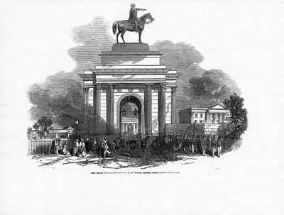 Velká Wellingtonova socha, jak by vypadala z Constitution Hill, publikované v „The Illustrated London News“, 3. října 1846 od Ebenezer Landells
