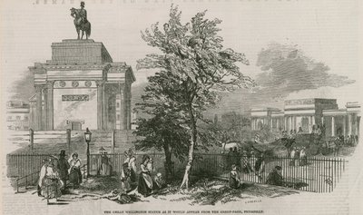 Velká Wellingtonova socha a oblouk, jak se jeví z Green Parku na Piccadilly. od Ebenezer Landells