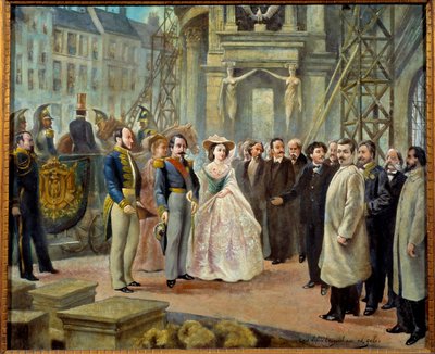 Napoleon III (1808-1873) a Imperatrice Eugenie (1826-1920) při návštěvě opery Garnier v Paříži. Nalevo od Napoleona III je baron Georges Haussmann (1809-1891) a Charles Garnier se zdviženou paží (1828-1885) napravo od Impres od Ed. (after) Gilis