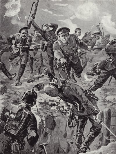 Desátník Joseph Davies a osm mužů, kteří s bajonety v ruce odráží skupinu Němců, kteří je předtím obklíčili, Delvillský les, Francie, 20. července 1916. od Edgar Alfred Holloway