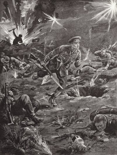Poručík Benjamin Geary spěchá pod silnou střelbou do zákopu napravo od kopce 60, aby se dostal do kontaktu s důstojníkem, Ypres, Belgie, duben 1915 od Edgar Alfred Holloway