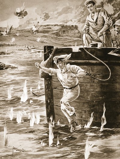 Praporčík Malleson skočil s lanem z člunu, aby připojil další člun, který unášel od Edgar Alfred Holloway