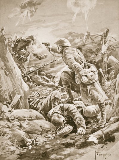 Vojín (úřadující desátník) L. Clarke, sám, držící na uzdě skupinu Němců během protiútoku od Edgar Alfred Holloway