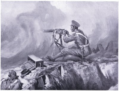Vojín Lynn umírá na otravu plynem, používá kulomet a odráží německý útok. Ypres dubna 1915 od Edgar Alfred Holloway