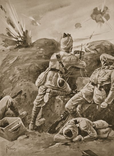 Sepoy Khudadad při práci s kulometem poté, co byl zbytek oddílu dělostřelců zabit. od Edgar Alfred Holloway