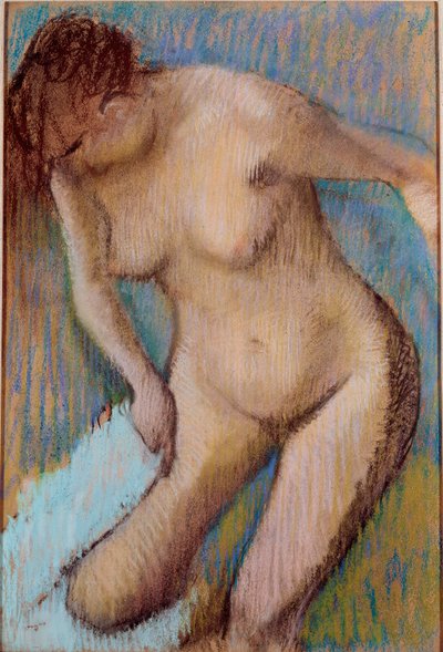 Po koupání Nahá žena si otírá pravé stehno. Pastelový obraz Edgara Degase (1834-1917) 1866 Sun. 72x49 cm Řím, Galleria d