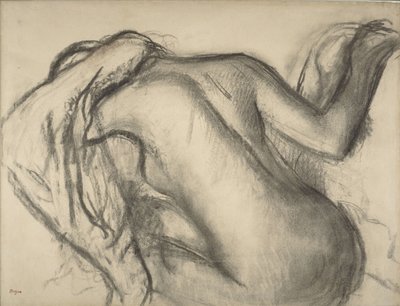 Po koupeli, Žena sušící si vlasy, kolem 1893-98 (uhlí a hnědá křída na papíře) od Edgar Degas