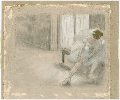 Sedící tanečnice, upravuje si punčošku, Danseuse tirant syn maillot od Edgar Degas