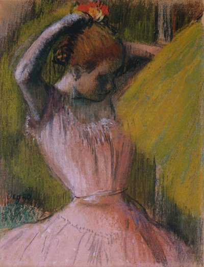 Tanečnice aranžující si vlasy, cca 1900-1912 (pastel na papíře položeném na nataženém papíře) od Edgar Degas