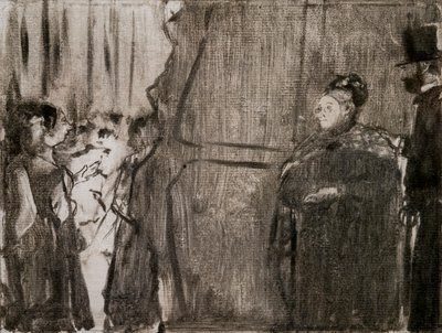 Seznamte se v zákulisí s Ludivicem Halevym a Madame Cardinal. Kolem 1876-1877. Monotyp má černý inkoust. od Edgar Degas
