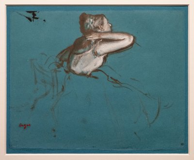 Sedící tanečník otočený doprava (studie pro sedící postavu „Repetition de ballet sur la scène“). 1873. Olej a barva má esenci na papíře od Edgar Degas