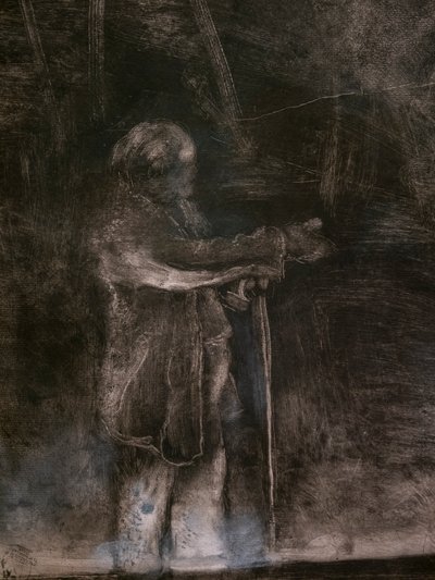 Mistr baletu (detail) (realizováno ve spolupráci s Ludovicem Lepicem). 1876. Monotyp černým inkoustem s bílými křídovými odlesky od Edgar Degas