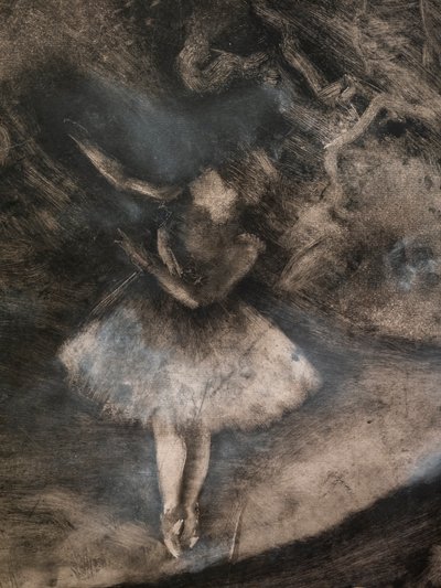 Mistr baletu (detail) (realizováno ve spolupráci s Ludovicem Lepicem). 1876. Monotyp černým inkoustem s bílými křídovými odlesky od Edgar Degas