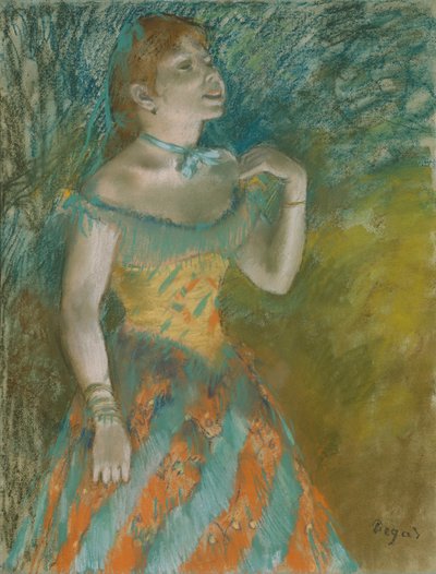 Zpěvák v zeleném, kolem roku 1884 (pastel na světle modrém papíře) od Edgar Degas