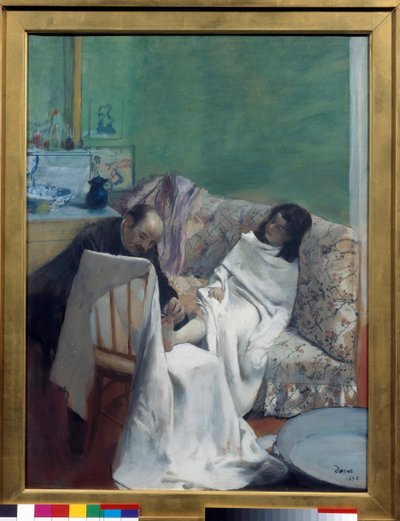 Pedikúra Lékař zkoumá nohy mladé ženy. Obraz Edgara Degase (1834-1917). 1873. Rozměr 0,61 x 0,46 m. Paříž, Musee d