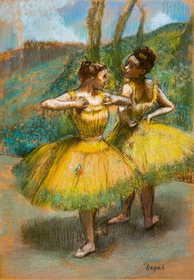 Dva tanečníci ve žlutém. Kolem 1896. Pastel a uhel na dvou proužcích papíru. od Edgar Degas
