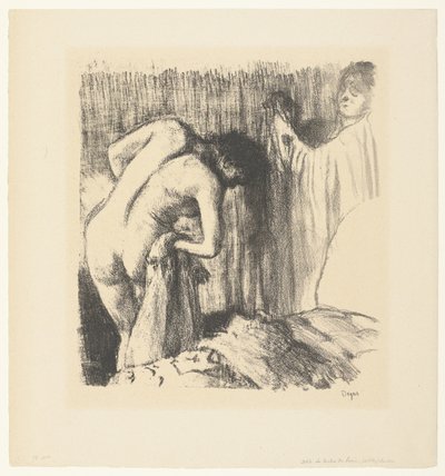 Žena se po koupeli osuší a dostane od ženy oblečení La Sortie du Bain od Edgar Degas