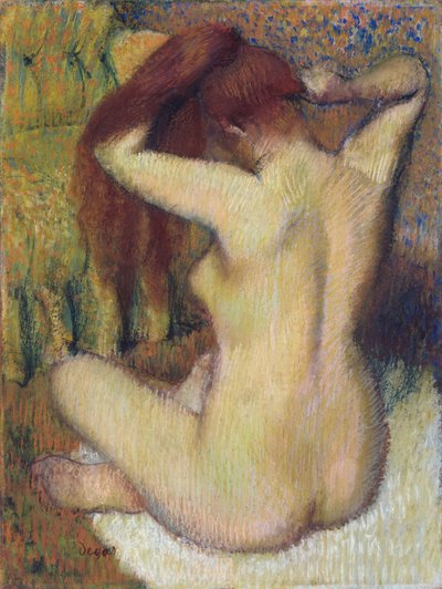 Žena česající si vlasy, kolem 1888-90 (pastel na světle zeleném tkaném papíře připevněném k paspartě) od Edgar Degas