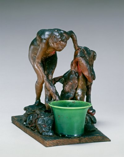 Žena si myje levou nohu, cca 1890 (včelí vosk, kovová armatura, keramika, na dřevěném podstavci) od Edgar Degas