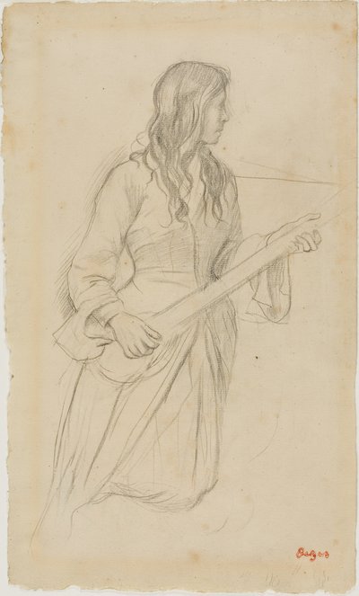Mladá žena hrající na mandolínu, studie pro portrét Mlle. Fiocre v baletu "La Source" od Edgar Degas
