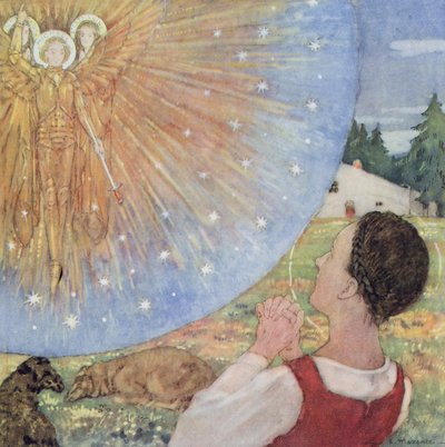 Johanka z Arku slyší hlasy, ilustrace z knihy "Sainte Jeanne d