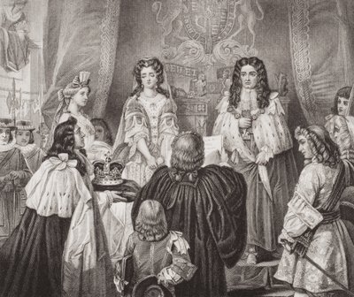 Koruna nabízená Williamovi a Marii Lords and Commons ve Whitehallu, 12. února 1689, z „Ilustrace anglické a skotské historie“ svazek II od Edgar Melville Ward