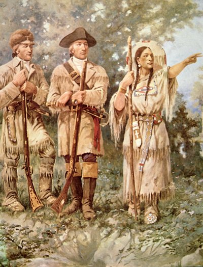 Lewis a Clark se Sacagawea (barevné lito) (detail) od Edgar Samuel Paxson