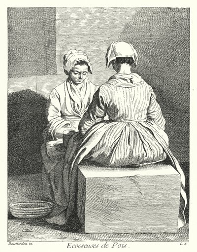 Pea Shellers (rytina) od Edmé (after) Bouchardon