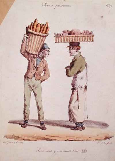 Karikatura dvou mluvících mladých obchodníků, DČ 72 ze série „Moeurs Parisiennes“, vyryla Langlume, kolem roku 1820 (barva litho) od Edme Jean (after) Pigal