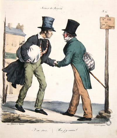Jeden muž odchází a druhý se vrací do nemocnice, karikatura ze série „Moeurs Parisiennes“, vyrytá Langlumeem, kolem roku 1825 (barevně lito) od Edme Jean (after) Pigal