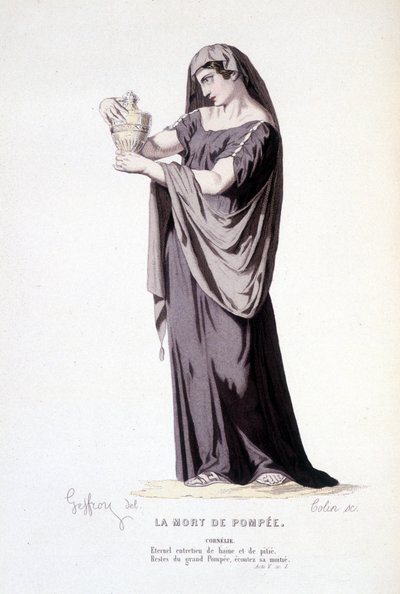 Postava Cornelie v divadelní hře La mort de Pompee - Divadelní komplet: (Kompendium her Corneille) kresba Geffroy, rytina Colin - ed. Laplace, Sanchez et Cie, Paříž 1884 od Edmond Aime Florentin Geffroy