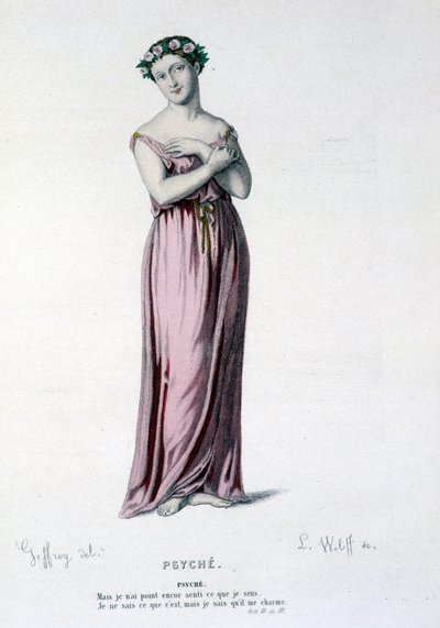 Postava Psyché v tragi komedii a baletu Psyche, Moliere et Corneille - Plné divadlo: (Sbírka her Corneille) kresba Geffroy, rytina L. Wolff - ed. Laplace, Sanchez et Cie, Paříž 1884 od Edmond Aime Florentin Geffroy