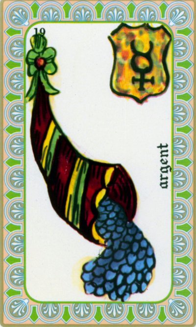 tarot od mága Belline nakreslil Edmond Billaudot c. 1845 a dán jasnovidce Belline k opětovnému vydání: karta peněz: mince v rohu hojnosti od Edmond Billaudot