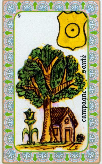 tarot od mága Belline nakreslil Edmond Billaudot c. 1845 a předán jasnovidce Belline k opětovnému vydání: karta zdraví země od Edmond Billaudot