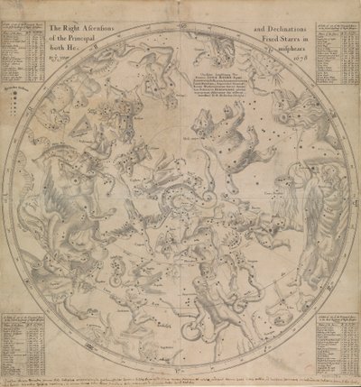 Pravé ascendence a deklinace hlavních stálic na obou polokoulích do roku 1678 od Edmond Halley