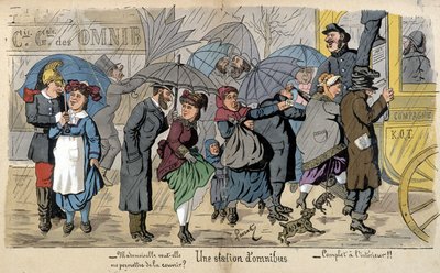 Omnibusová stanice v dešti - humorná kresba Lavrate, kolem roku 1880 od Edmond Lavrate