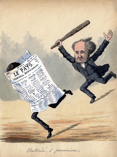 "Pravomoc stíhat", karikatura tiskového zákona z roku 1875 ve Francii (barevná litografie) od Edmond Lavrate