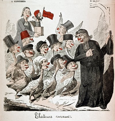 Venkovští voliči: voliči reprezentovaní jako husy a přitahováni knězem alkoholem - kresba Lavrate od Edmond Lavrate